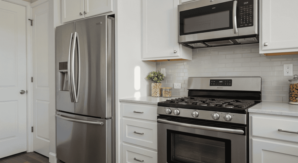 Kitchen with spotless stainless steel appliances reflecting light.