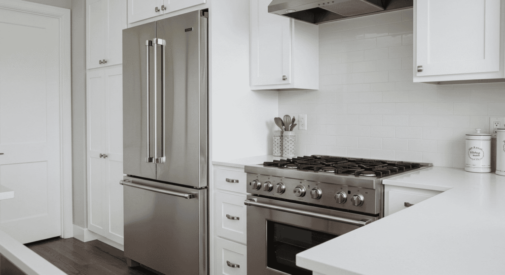 Streak-free stainless steel fridge in a modern kitchen.