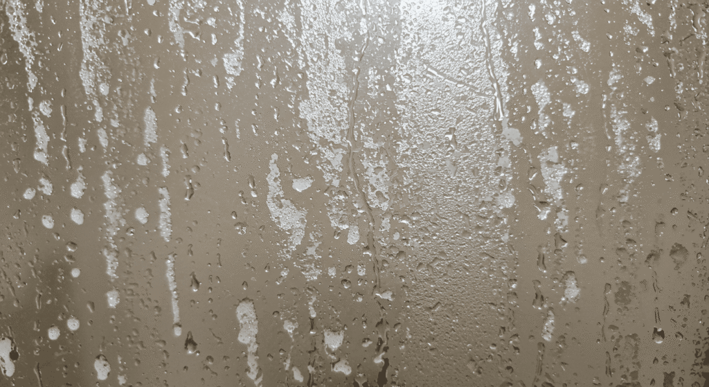 Spotless glass shower door after hard water stain removal.