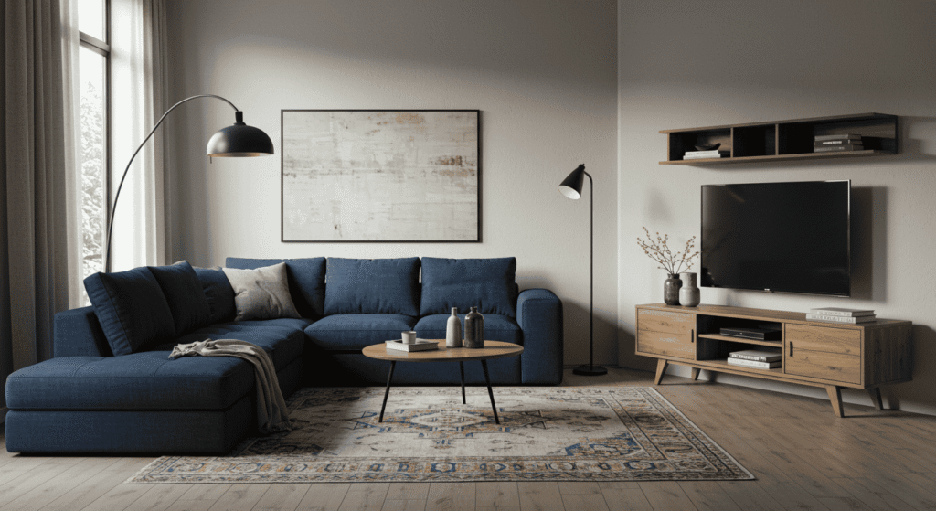 Bright living space with trendy sofas chairs tables and decor elements