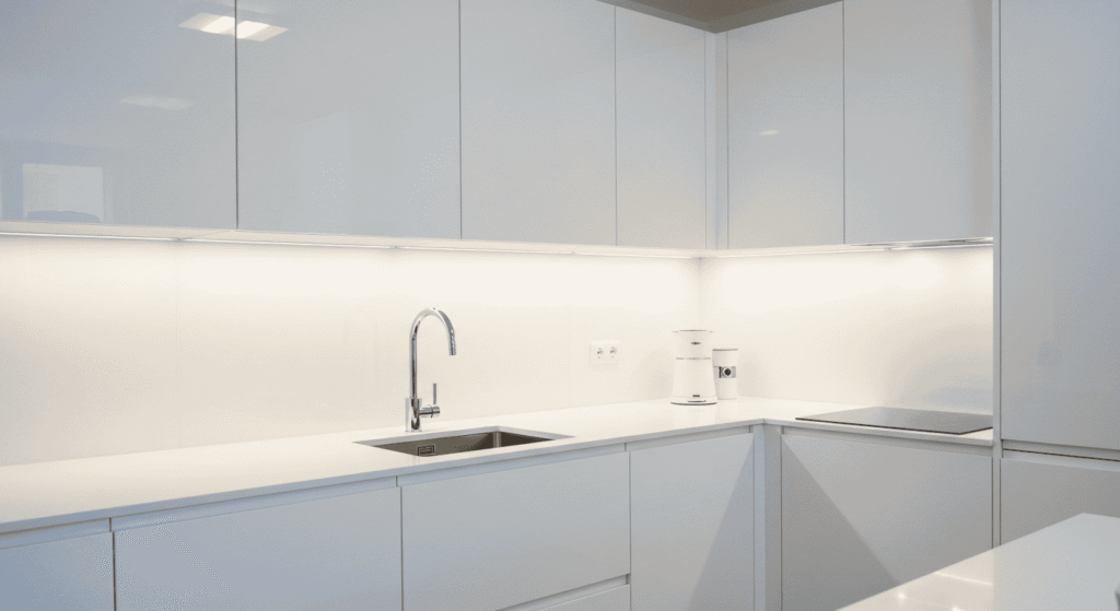 Clean kitchen cabinets with sparkling finish and organized interior