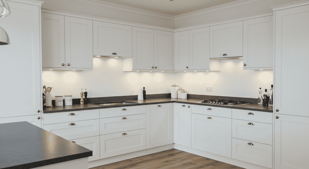 Person wiping kitchen cabinets with cloth for a fresh clean look