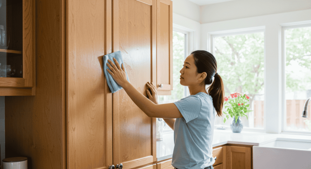 Close up of kitchen cabinet doors being cleaned with natural cleaner