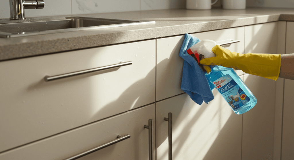 Organized kitchen with freshly cleaned cabinets and tidy countertops