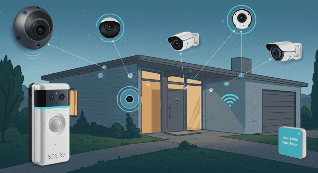 Smartphone displaying smart home safety app controlling cameras and alarms
