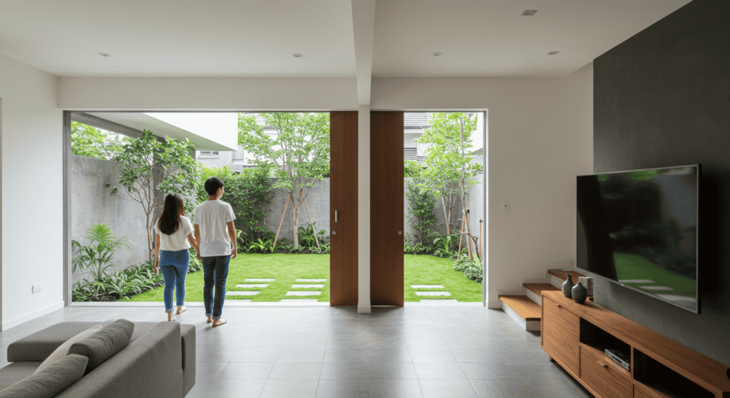 Living room equipped with smart security technology for enhanced home safety