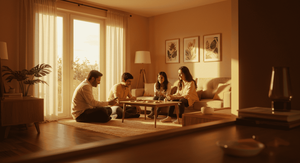Smart home interior with safety devices like cameras motion sensors and connected locks
