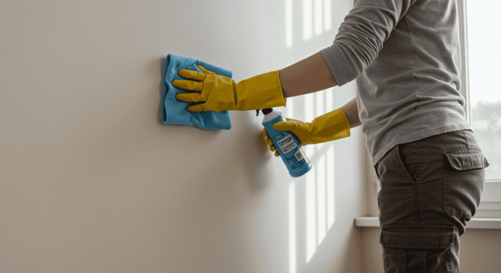 Interior wall being washed with mild solution to protect paint