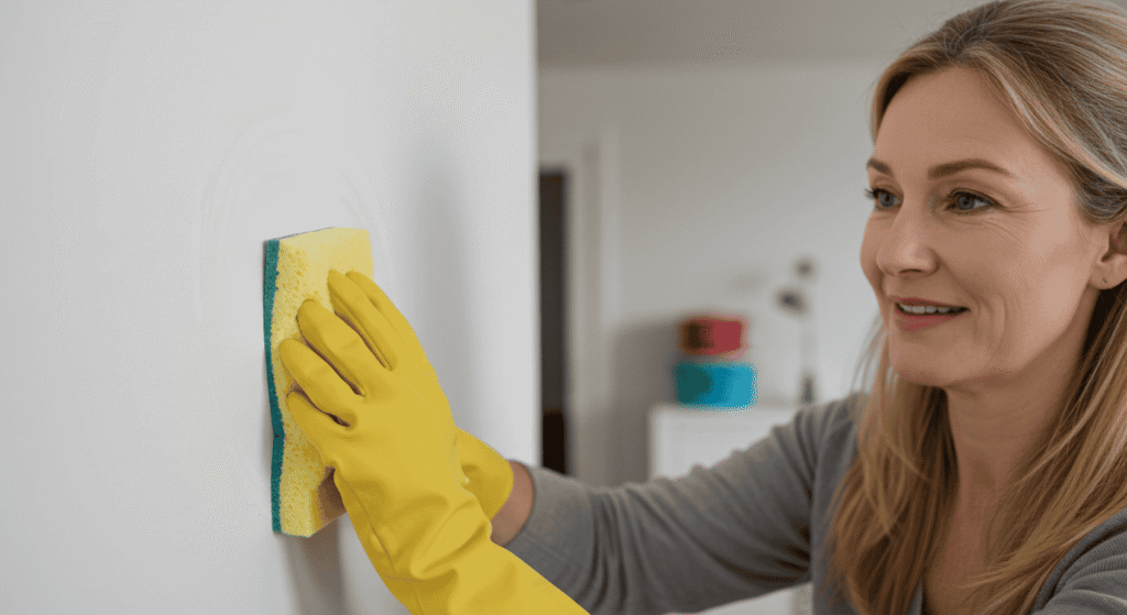 Close up of hands cleaning wall surface without removing paint finish