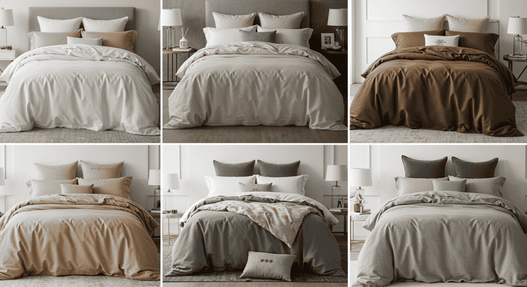 Stylish bed with neutral toned bedding and soft textured blankets
