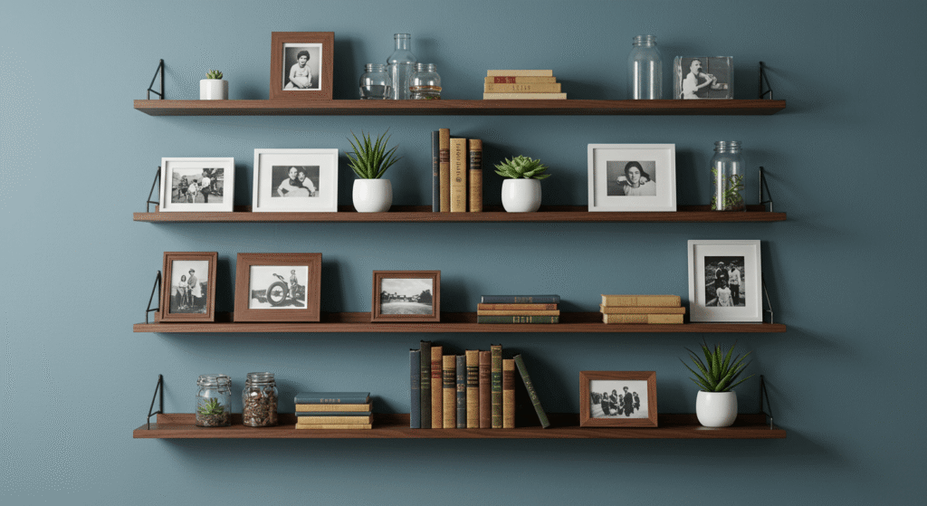 Diagram displaying each stage of the floating shelf installation, from drilling holes to securing the shelf brackets.