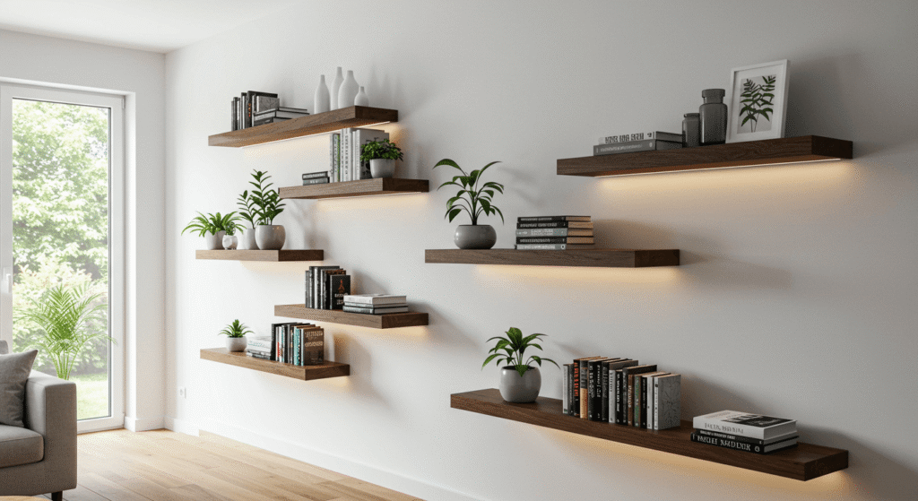 Illustration showing the tools and materials required for a successful floating shelf installation.