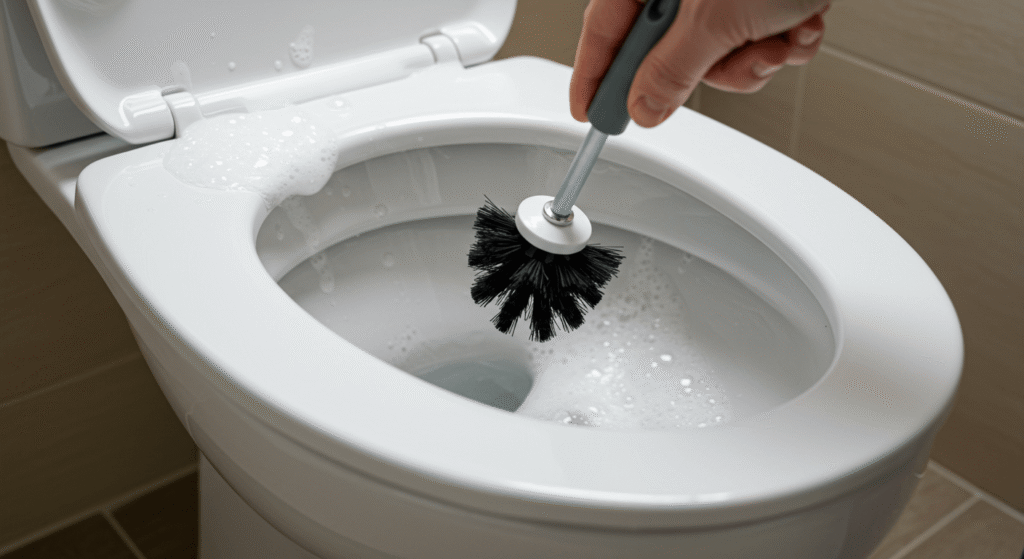 Before and after images of a toilet cleaned using professional techniques, showing a significant difference.
