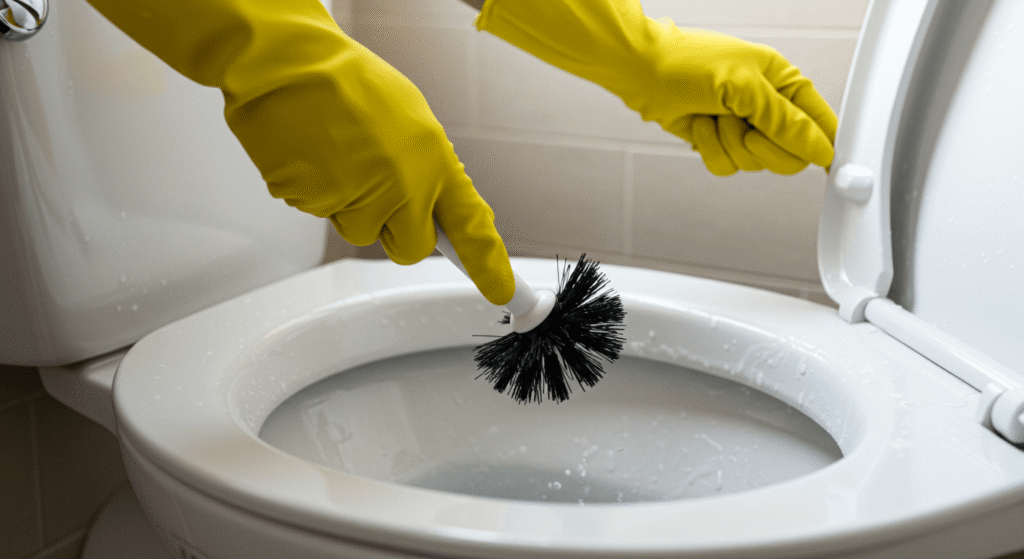 Illustration showing the tools and supplies needed for an effective toilet cleaning routine.