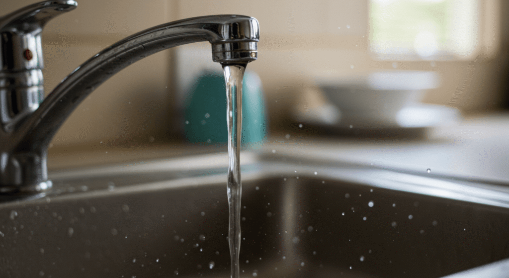 Person fixing a clogged pipe to restore normal water pressure in a household.