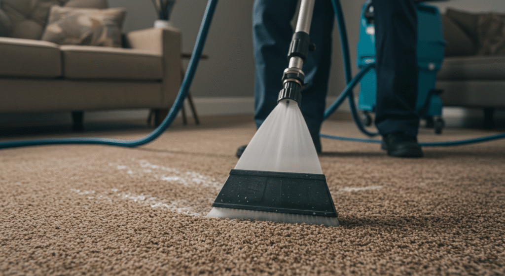 Set of carpet cleaning tools including brushes and spray bottles