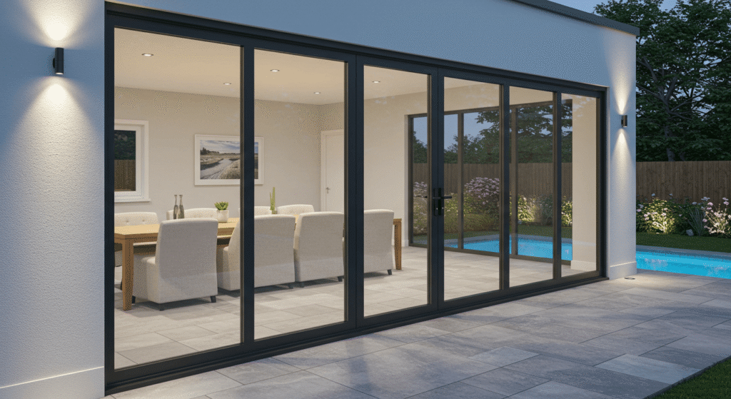White sliding patio doors with reinforced security frame
