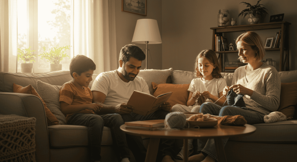 Mother writing in planner while children do homework at kitchen table
