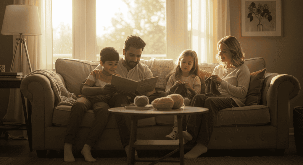 Family using planner and calendar to organize home and daily activities