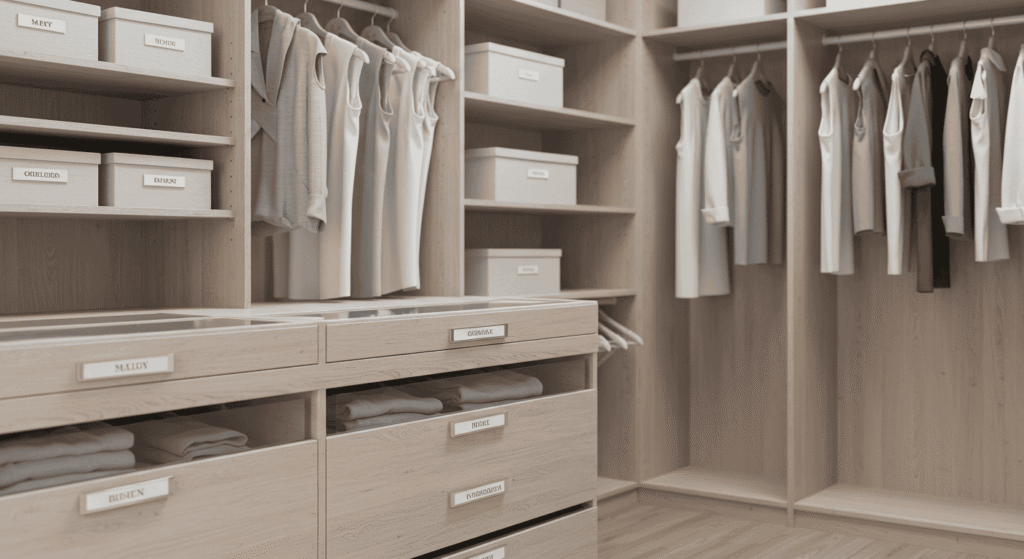 Storage room with labeled plastic bins for seasonal items and decorations