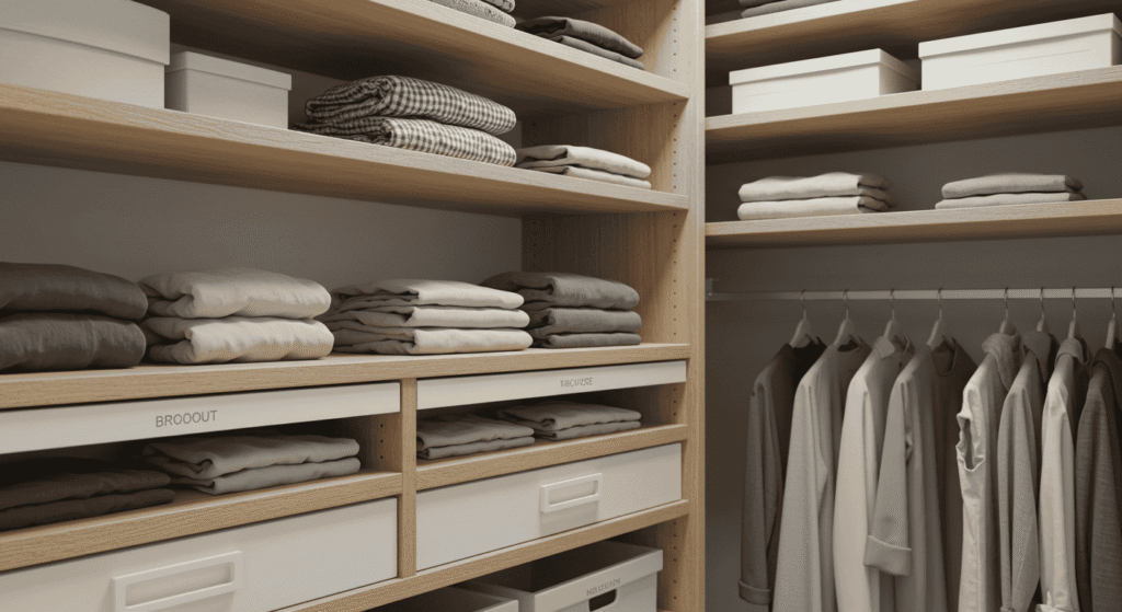 Closet with labeled bins and baskets for clothing and accessories