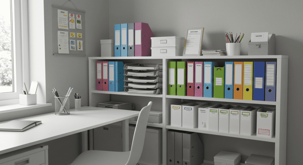 Home office desk with labeled folders boxes and supplies neatly arranged