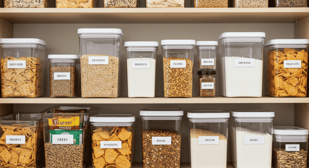 Organized pantry with clear containers and labeling system for easy storage