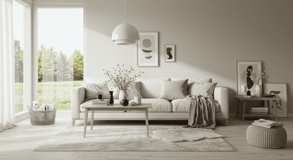 Bright living space with minimalist sofa coffee table and plants