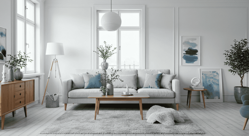Small living room with minimalist furniture and bright natural light