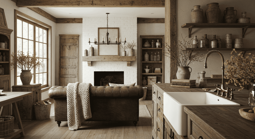 Cozy living space with farmhouse accents such as wooden beams and rustic coffee table