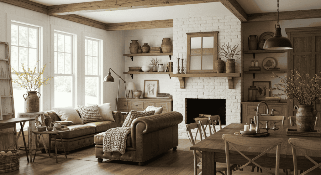 Entryway decorated in rustic farmhouse style with wooden bench and wall hooks