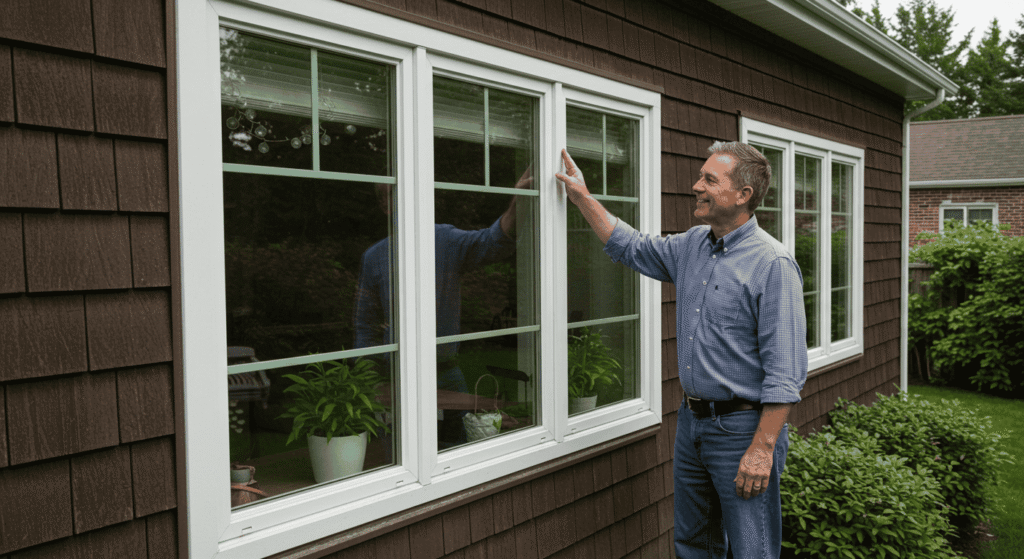 Worker installing new energy efficient window in a home interior