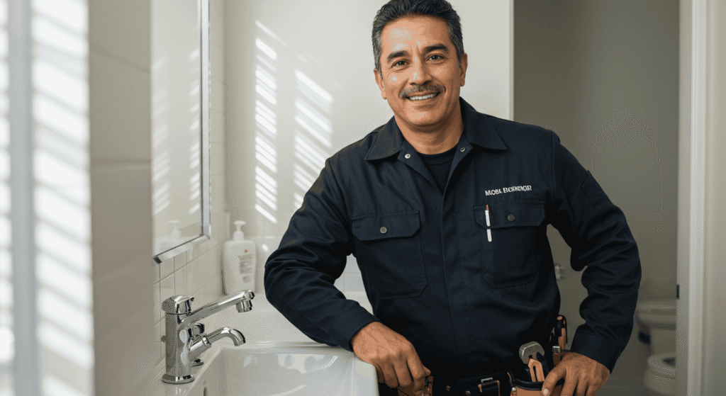 Homeowner consulting plumber about plumbing services and repairs