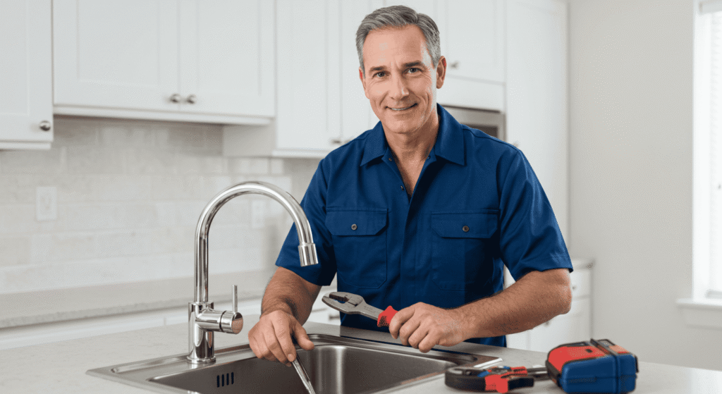 Close up of plumber tightening pipe connection under sink