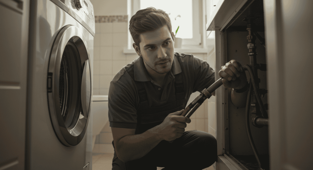 Professional plumber fixing kitchen sink with modern tools