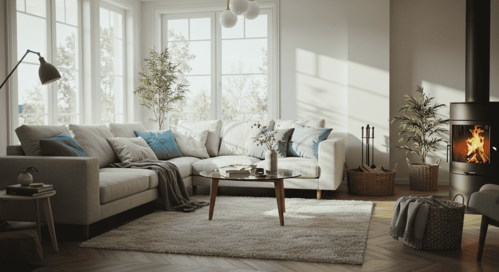 Minimalist Scandinavian interior with light wood furniture and cozy blankets