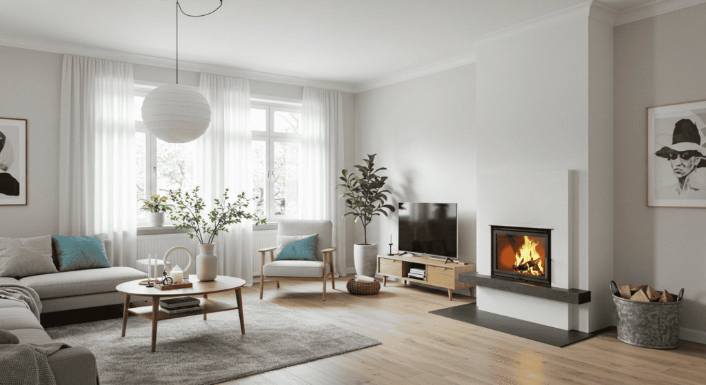 Living space decorated in Scandinavian style with plants clean lines and neutral tones