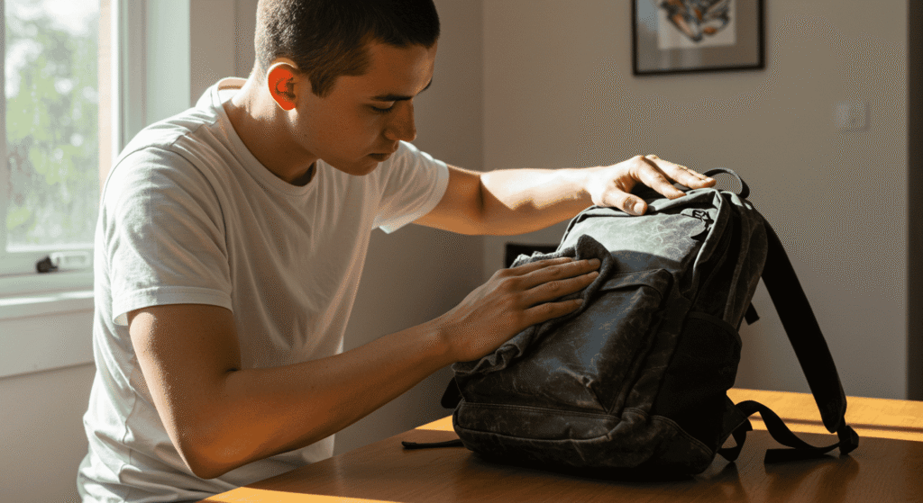 Person washing backpack in sink with mild soap and water