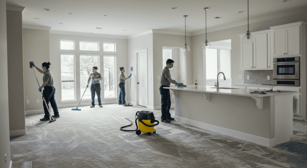 Worker cleaning new home interior after construction with mop and bucket