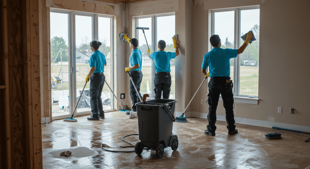 Cleaning crew wiping windows and floors in newly built house