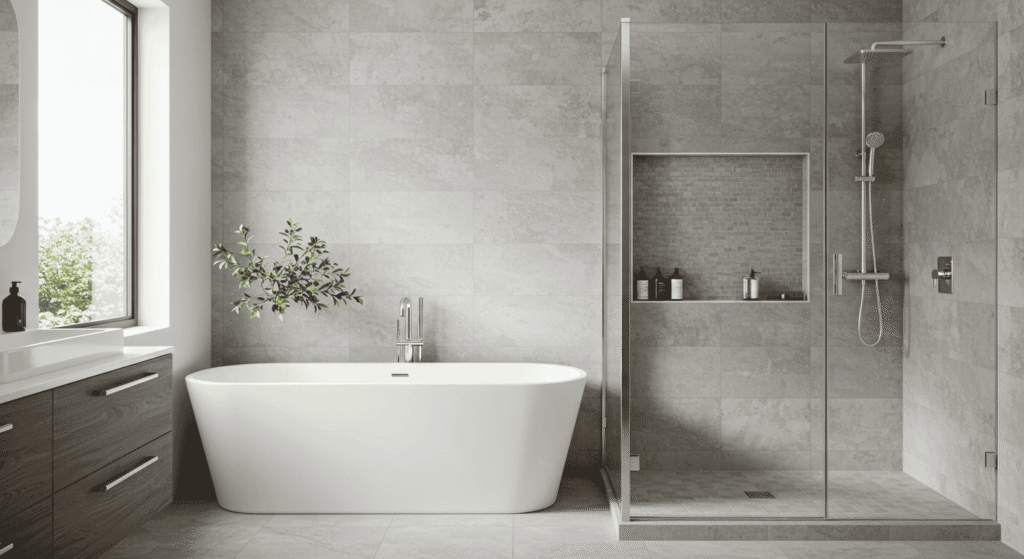 Close up of bathroom materials including tiles faucets and shower fixtures