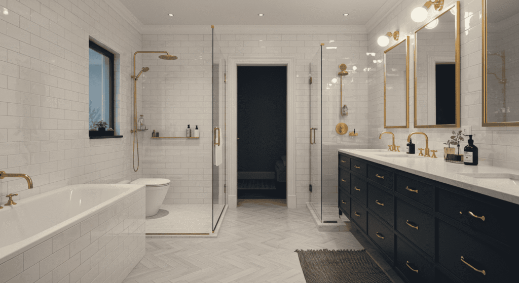 Contractor estimating bathroom renovation cost with blueprint and calculator