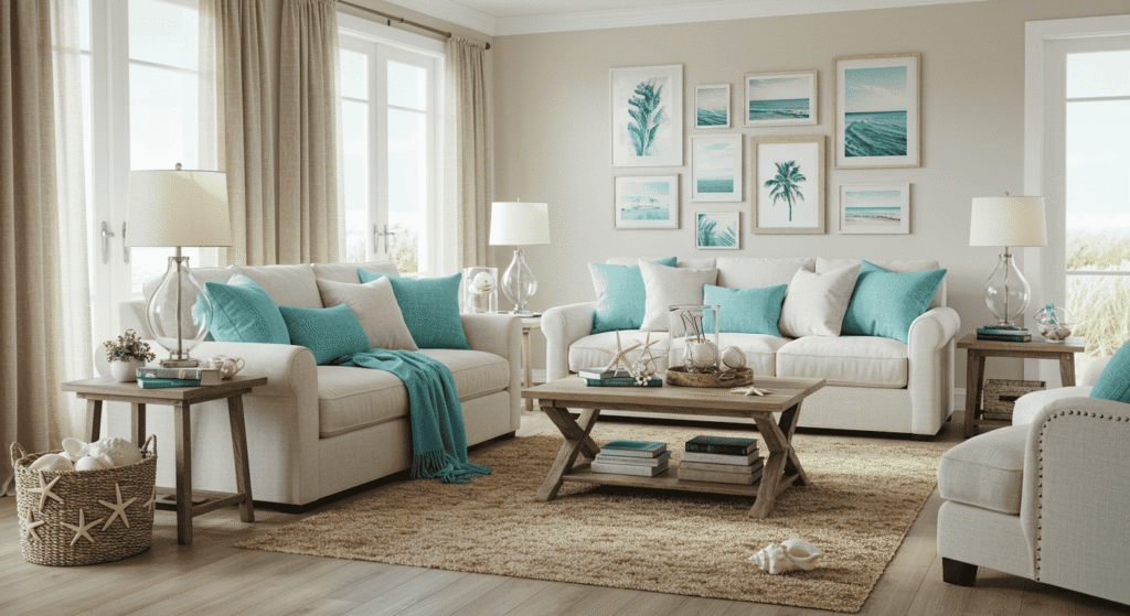 Simple coastal home decor with DIY projects and light furniture pieces