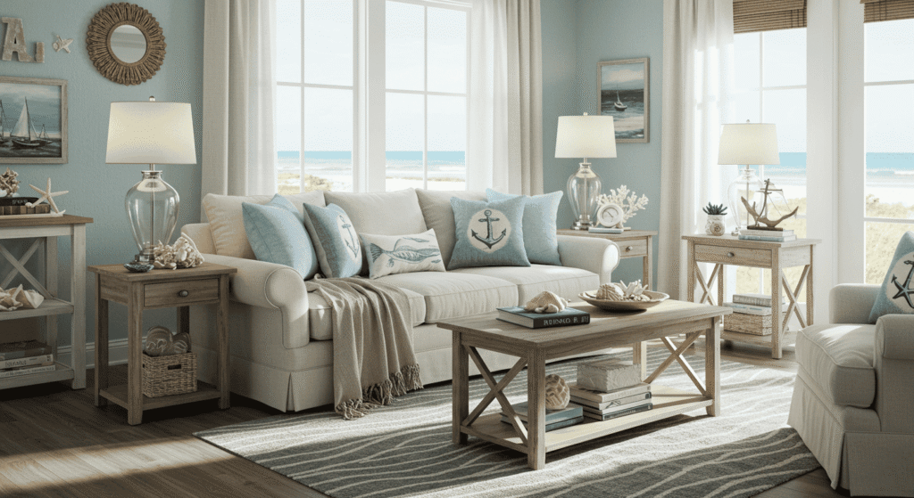 Cozy coastal living room with blue accents and natural materials on a budget
