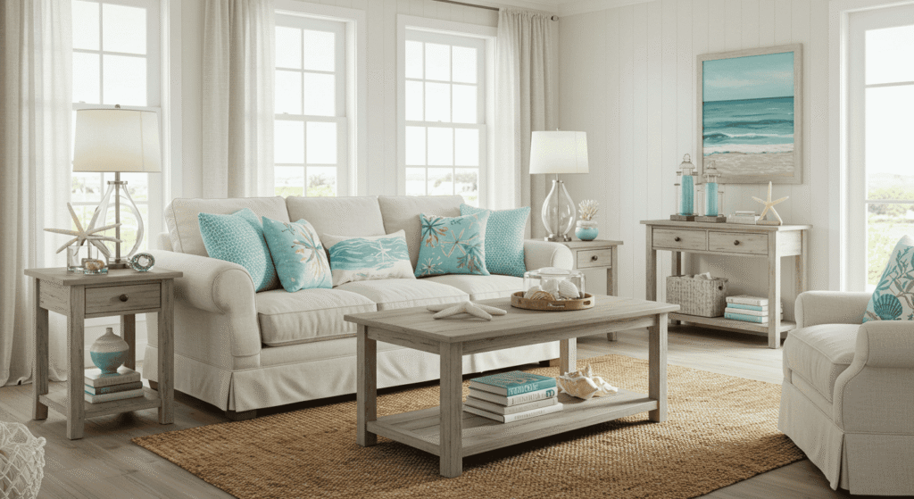 Dining area with affordable coastal decor elements like wicker chairs and seashells