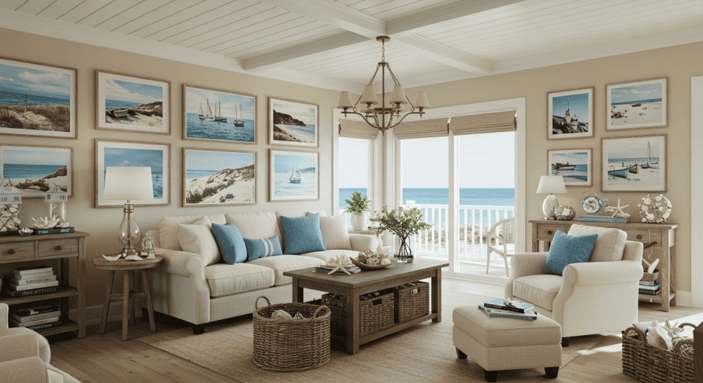 Beach-inspired bedroom with simple coastal decor and budget-friendly accents