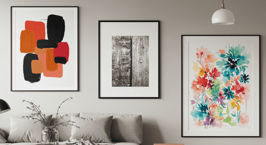 Large canvas art piece hanging on wall in minimalist living room