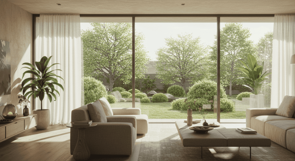 Open space with natural stone accents and potted plants for biophilic feel