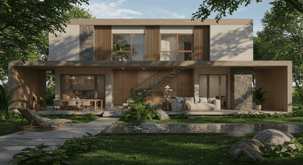 Cozy interior with wooden furniture and greenery to enhance biophilic design