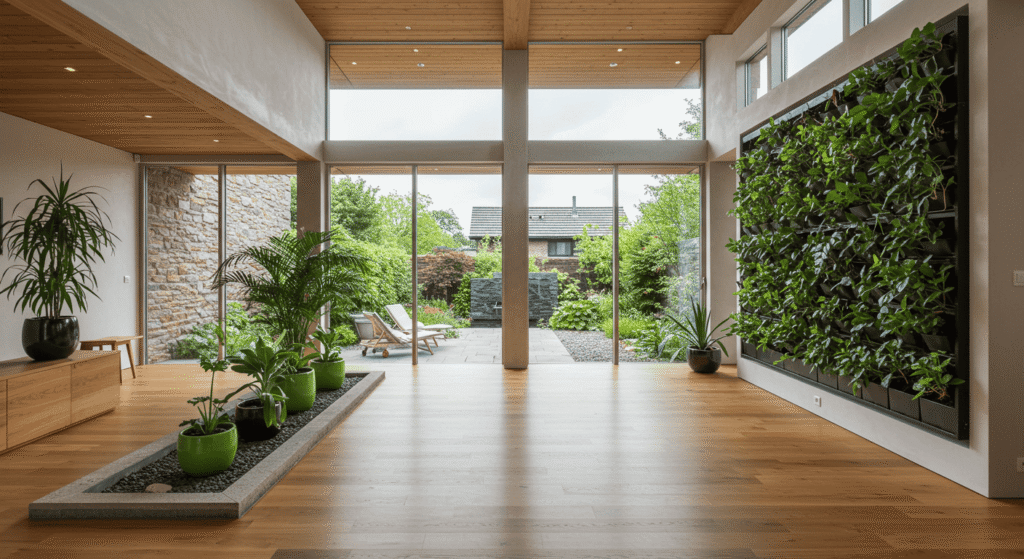 Living room with large windows letting in natural light and indoor plants